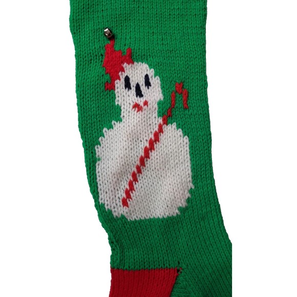 Vintage Hand Knit Wool Christmas Stocking Snowman Candy Cane Jingle Bell Kitschy - Picture 4 of 8